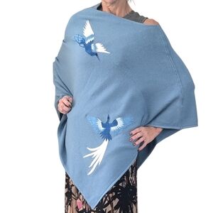 La Fiorentina Blue Bird Embroidered Poncho Wrap Shawl Cape One Size